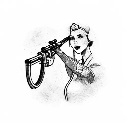 A woman dressed as a nurse takes aim with a syringe-shaped sniper rifle tattoo design idea