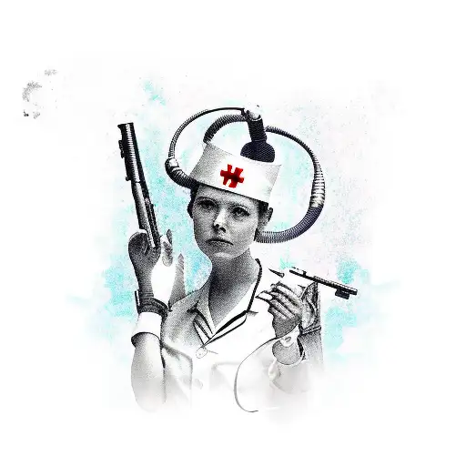 A nurse in a mid-twentieth century uniform, with burning eyes and horns, she has a sniper rifle in the form of a syringe tattoo design idea
