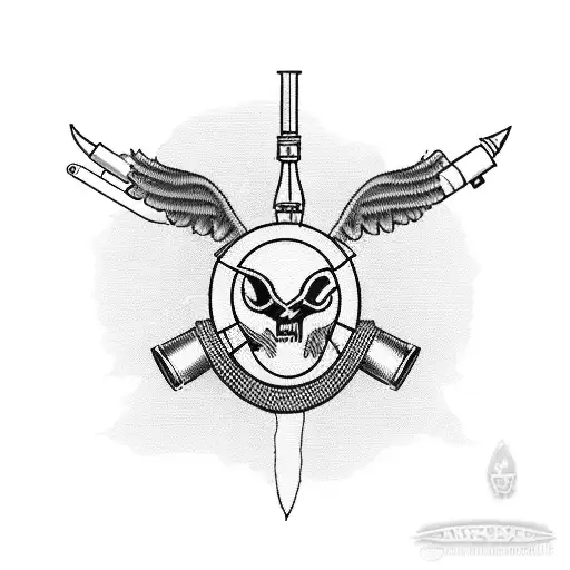 A nurse in a mid-twentieth century uniform, with burning eyes and horns, she has a sniper rifle in the form of a syringe tattoo design idea