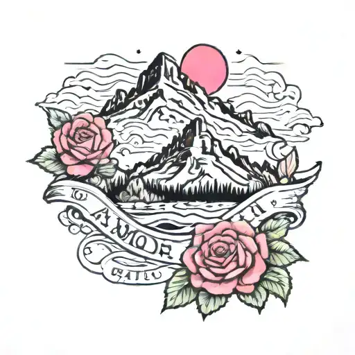 Amor fato written, mountain panorama capturing the beauty tattoo design idea