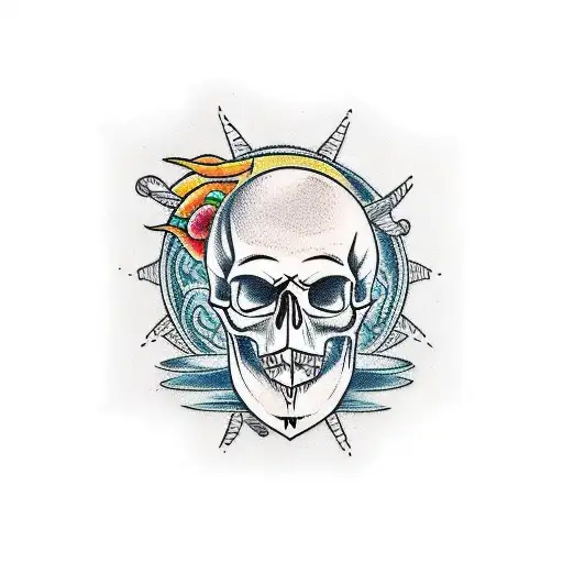 skull and ocean half sleeve  tattoo design idea