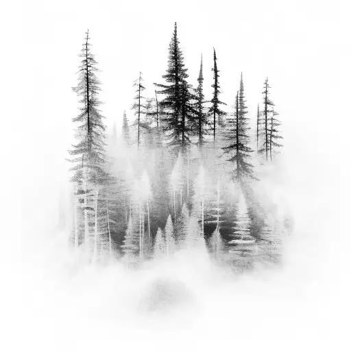 A hauntingly beautiful landscape of a misty forest with hidden sea shells scattered throughout, capturing the essence of hiking and sea shell collecting tattoo design idea