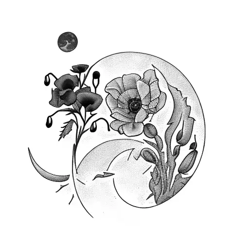 A mysterious silhouette of a figure holding a bouquet of poppy flowers under a crescent moon, embodying the themes of dark romance and nature tattoo design idea
