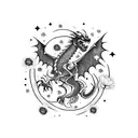 A dark romance book cover scene with a dragon intertwined with poppy flowers and the Cancer zodiac sign, set against a starry night sky tattoo design idea