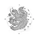 A dark romance book cover scene with a dragon intertwined with poppy flowers and the Cancer zodiac sign, set against a starry night sky tattoo design idea