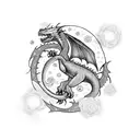 A dark romance book cover scene with a dragon intertwined with poppy flowers and the Cancer zodiac sign, set against a starry night sky tattoo design idea