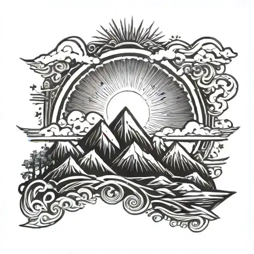 A stylized sun rising over mountains symbolizing positivity and growth tattoo design idea