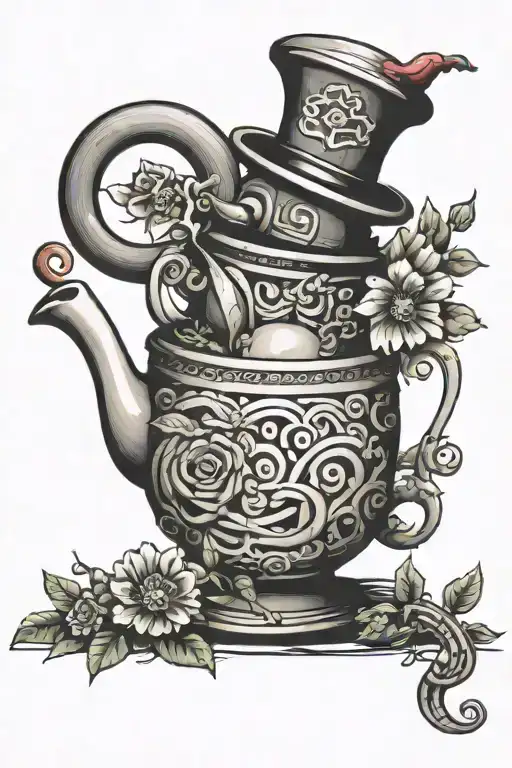 labyrinth worm with teapot and flowers tattoo design idea