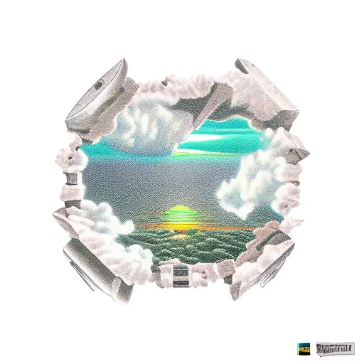 Sunset in top-right over green bay with rock in bottom left tattoo design idea