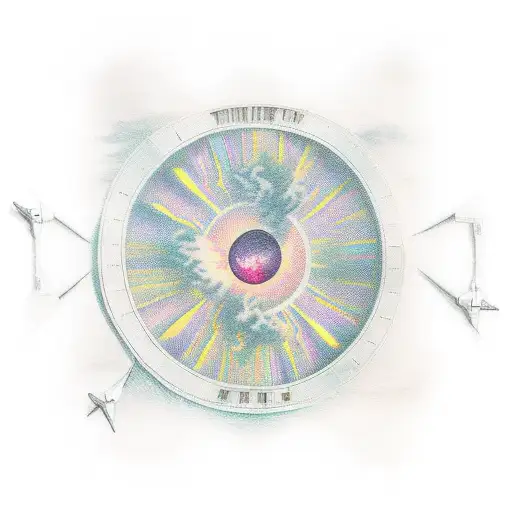 Sunset in top-right over green bay with rock in bottom left tattoo design idea