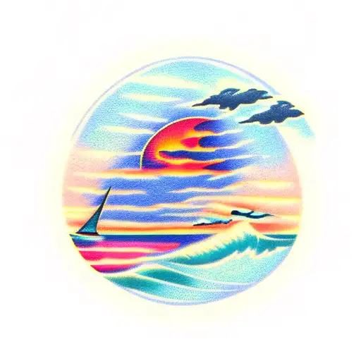 Sunset in top-right over green bay with rock in bottom left tattoo design idea