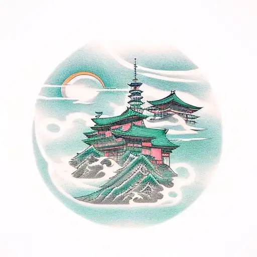 Sunset in top-right over green bay with rock in bottom left tattoo design idea