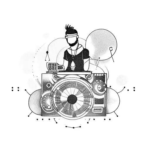 A tattoo featuring a DJ spinning records at a raveparty, with music notes and concert lights swirling around them tattoo design idea