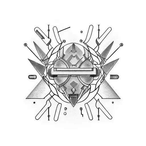 A tattoo of a futuristic Optician's tools intertwined with thunderdome imagery, such as lightning bolts and electronic music equipment tattoo design idea