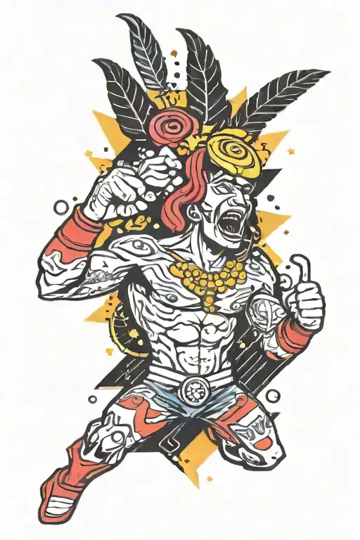 Incorporate symbols of rave culture and drugs into a vibrant and colorful sleeve tattoo, with subtle references to wrestling moves hidden throughout the design tattoo design idea