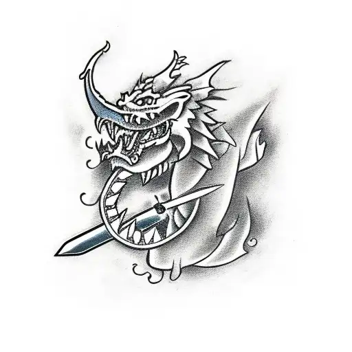 Sword with dragon and oni mask tattoo design idea