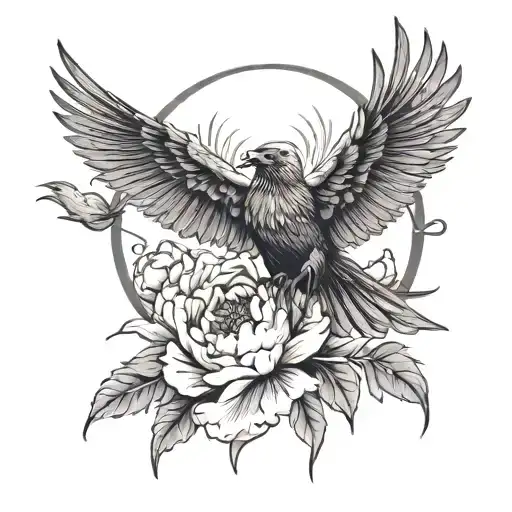 PEONY with moon and sun in the background of crows with outstretched wings tattoo design idea