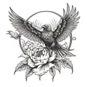 PEONY with moon and sun in the background of crows with outstretched wings tattoo design idea
