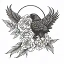 PEONY with moon and sun in the background of crows with outstretched wings tattoo design idea