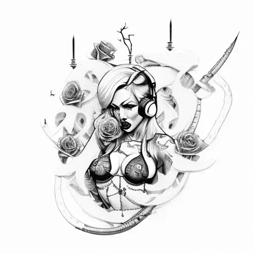 Sexy Pinup girl wrapped in Barb Wire and Roses / Thorns / Music Devil /Whiskey / Dice tattoo design idea