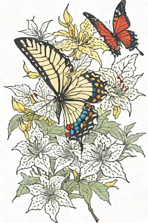 red spider lilly flowers with a yellow swallowtail butterfly flying around them. a red japanese maple branch above the f tattoo design idea