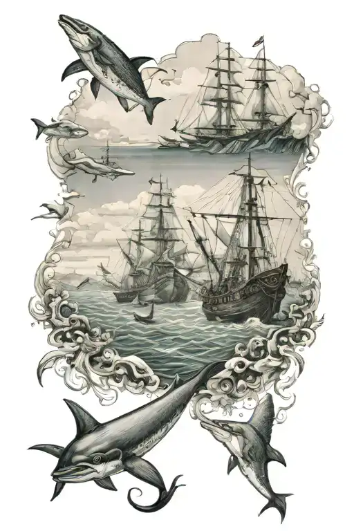 aquatic landscape, sea, under the sea, sky, ships and north german mythology tattoo design idea
