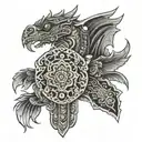 Detailed tattoo coming from the chest to shoulder of  a hamsa hand facing down with a dragon wrapped around my arm breat tattoo design idea