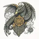Detailed tattoo coming from the chest to shoulder of  a hamsa hand facing down with a dragon wrapped around my arm breat tattoo design idea