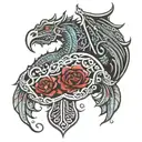 Detailed tattoo coming from the chest to shoulder of  a hamsa hand facing down with a dragon wrapped around my arm breat tattoo design idea
