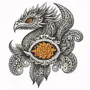 Detailed tattoo coming from the chest to shoulder of  a hamsa hand facing down with a dragon wrapped around my arm breat tattoo design idea