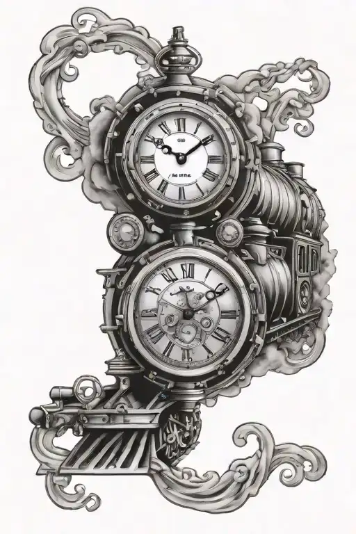 pocket watch and steam train locomotive tattoo design idea