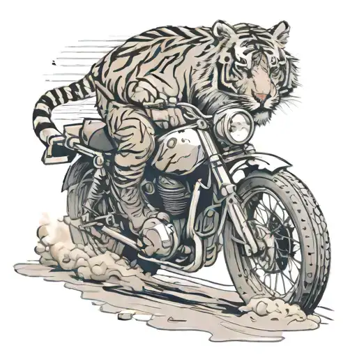 tiger with sunglasses, driving a motorbike, dirt bike, in a dusty road tattoo design idea