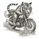 tiger with sunglasses, driving a motorbike, dirt bike, in a dusty road tattoo design idea