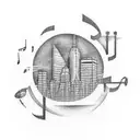 Design a tattoo that combines the iconic Boston skyline with a subtle representation of music, such as musical notes or instruments. tattoo design idea