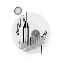 Design a tattoo that combines the iconic Boston skyline with a subtle representation of music, such as musical notes or instruments. tattoo design idea