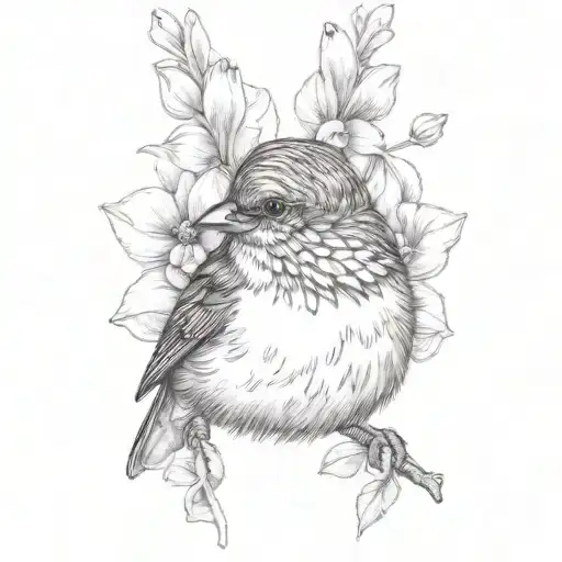 Wren bird with violets around it tattoo design idea