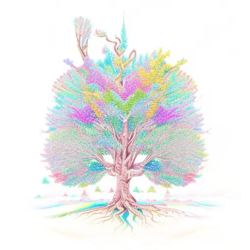 A majestic tree with vibrant colors and intricate details, representing the beauty and resilience of nature. tattoo design idea