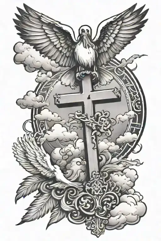 cross and dove and Jesus praying and clouds  tattoo design idea