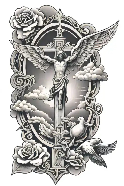 cross and dove and clouds and Jesus praying tattoo design idea