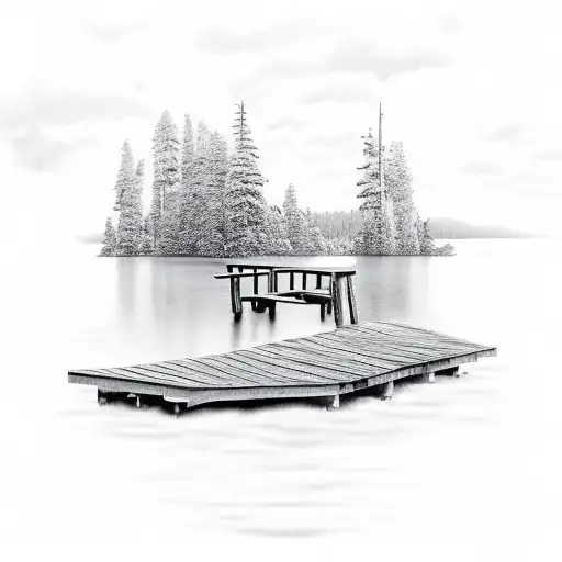 dock on lake going out to a gulf surrounded by nature  tattoo design idea