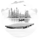 dock on lake going out to a gulf surrounded by nature  tattoo design idea