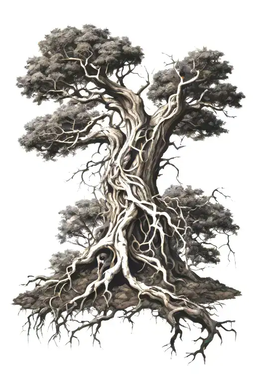 large dead tree with roots and some ground showing that has a slight curve so it can cover full back on one side tattoo design idea