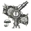 A surrealistic tattoo design featuring a microscope surrounded by intricate plant and mushroom patterns tattoo design idea