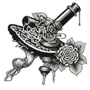 A surrealistic tattoo design featuring a microscope surrounded by intricate plant and mushroom patterns tattoo design idea
