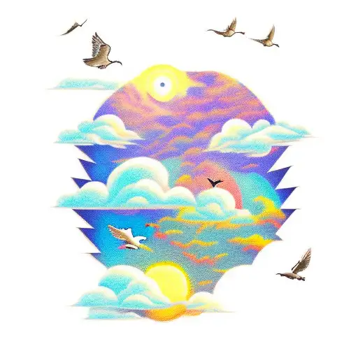 Create a tattoo with stairs leading up to clouds, doves flying away, a shadowy figure climbing, sunlight shining through tattoo design idea