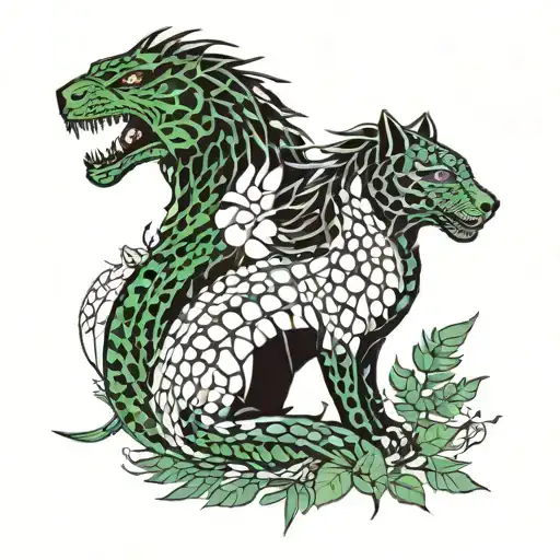 dragon and jaguar with ferns and birds tattoo design idea