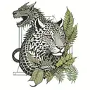 dragon and jaguar with ferns and birds tattoo design idea