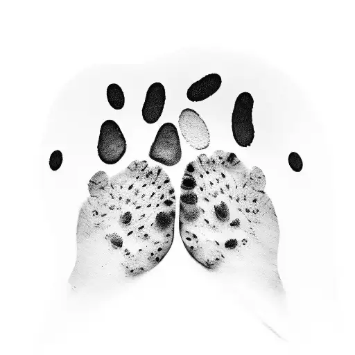 A minimalist tattoo featuring three paw prints, with a kiss mark in the shape of a woman's lips overlapping each paw print, symbolizing the love and connection between your dogs and yourself tattoo design idea