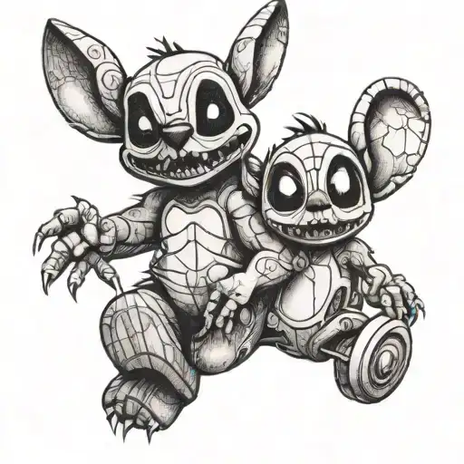 A tattoo featuring Disney characters like Stitch and Nightmare Before Christmas in a weightlifting theme tattoo design idea