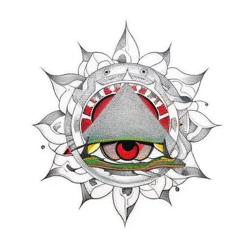 a large white snake with red spots narrow cunning eyes the sun around the head with triangular rays tattoo design idea